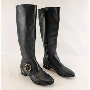 Tory Burch Womens Black Leather Riding Boots Sz 7.5M Gold Logo Buckle Knee High